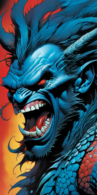 close up of the mans face, a sexy black african mans arm and shoulder, man is staring screaming at the viewer, raging, long hair, the arm and shoulder are covered in a very detailed intricate red and blue dragon tattoo that is protruding outfrom the skin, coming alive, its screaming, scratching, similar to dragon tattoo by Boris Vallejo, slowly you see the small dragon tattoo in parts is coming out of the skin and becoming a real version of the tattoo, sticking out, scales, extended claws, spit, spittle, blood drops, 16K, movie still, cinematic, ,omatsuri,DonMn1ghtm4reXL