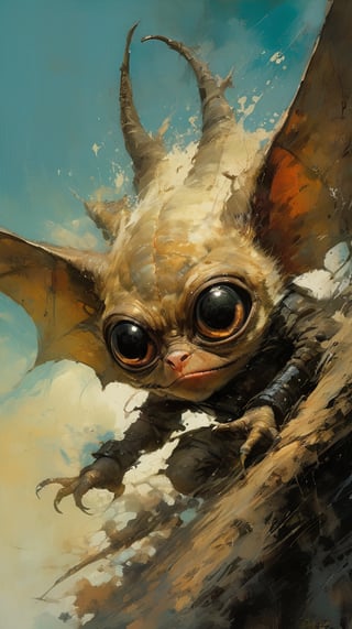 art by ralph steadman, art by brom, art by simon bisley, a masterpiece, ahighly detaikled, a star wars crearure, big boggly eyes, small dark pupil, bat like ears, short fluffy skin and fur, cling to a branch with small black scaley hands, sigma 1000 mm lens, f2.8, eyes in focus, 