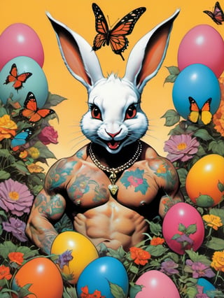 white rabbit with many baby rabbits, Easter theme, art by brom, tattoo by ed hardy, shaved hair, neck tattoos andy warhol, heavily muscled, biceps,glam gore, horror, white rabbit, rabbit hole,  demonic, hell visions, demonic women, military poster style, chequer board, vogue easter bunny portrait, Horror Comics style, art by brom, smiling, tongue out, poking tongue at viewer, lennon sunglasses, rabbit ears, rabbit nose, rabbit fur, punk hairdo, tattoo by ed hardy, shaved hair, playboy bunny outfit, bunny tail, neck tattoos by andy warhol, heavily muscled, biceps, glam gore, horror, poster style, flower garden, Easter eggs, coloured foil, oversized monarch butterflies, flower garden,