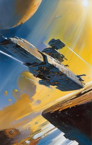 spaceship travelling past a planet, in space, ultra quality, highly detailed, art by john Berkey, art by chris foss,