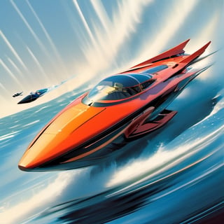 a futuristic concept speedboat , racing other speedboats, racing colours, racing numbers, rocket thrusters, outriggers, glass roofs, aerodynamic, struggling to win the race, art by glen keane, art by john Berkey, art by chris foss,  art by frank frazetta, acrylic block art, 