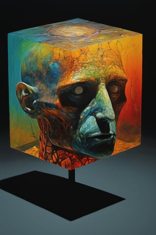 art by bob carlis Clarke , a cube shaped head, stunning beauty, hyper-realistic oil painting, vibrant colors, dark chiarascuro lighting, a telephoto shot, 1000mm lens, f2,8,Vogue,more detail XL