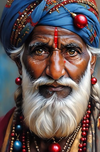 a telephoto shot, 1000 mm lens, f2, small depth of field, darkm background, focused on the eyes, close cropped eyes only, an old indian mans eyes, sunglasses, wearing blue turban, red baubles, very detailed straggly beard, art by john singer sargent, art by Ivana Besevic, art by Mia Bergeron, detail in hair, (((detail in the eyes, detail in the hair and beard,))) focus on the eyes, piercing bright eyes, very detailed eyes, hippie neck and shoulder, staring at viewer, national geographic style, 