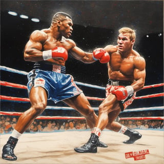 Mike Tyson , in a boxing ring at madison square gardens, knocking Jake Paul to the canvas with an uppercut punch, stipple, crosshatching, 5 colour monochromatic art, borders, (((art poster by gian galang))), (((art style by gian galang))), (((design by gian galang))) , neck tattoos by andy warhol, heavily muscled, biceps, fight poster style, asian art, chequer board, mma, octogon, bright contrasting colours, stipple, black n white, ,action shot