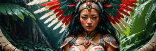 outpainting, a middle aged tribal women predator combination, centred,in the style of boris vallejo, frank frazetta, bright contrasting colours, blank stare, ,cinematic,movie still,wide shot, feathered headdress, tribal facial tattoos ,breastclamp, wide shot, a middle aged tribal women, centred,in the style of Steve bisley, bright contrasting colours, blank stare, ,cinematic,movie still,wide shot, multi feathered headdress, facial tattoos ,breastclamp, tiger skin sash between her legs, multiple red blood stains on her upper torso, sunlit, misty, green jungle foliage amongst mayan ruins,Monster,JB64,WEARING HAUTE_COUTURE DESIGNER DRESS