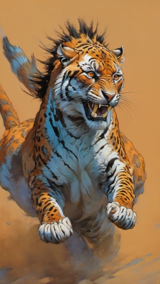 An orange leopard like creature, leopard spots with zebra stripes on its face, pale blue eyes, it wears a desert cape, fr4z3tt4 ,more detail XL,art by sargent,action shot