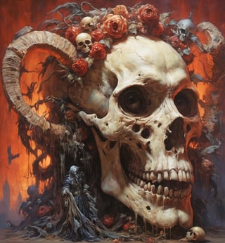 art by Masamune Shirow, art by J.C. Leyendecker, art by boris vallejo, a masterpiece, hyper-realistic oil painting, vibrant colors, Horror Comics style, art by brom, tattoo by ed hardy, a woman with half a skull face and half a human face, horror, dark chiarascuro lighting, a telephoto shot, 1000mm lens, f2,8 , , illustration,  ,perfecteyes,