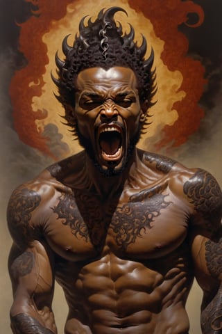 An sexy black african mans arm and shoulder, mid shot, man is bellowing , raging and staring at the viewer, the arm and shoulder is covered in a detailed intricate dark purple and crimson dragon tattoo on his chest and back that is protruding out, out in to reality, its screaming, scratching, smoking, similar to dragon tattoo by Boris Vallejo, frank frazetta style, slowly you see the small dragon tattoo in parts is coming out of the skin and becoming a real version of the tattoo, sticking out, scales, extended claws, 16K, cinematic movie still, like the movie the 300, omatsuri