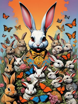 white rabbit with many baby rabbits, Easter theme, art by brom, tattoo by ed hardy, shaved hair, neck tattoos andy warhol, heavily muscled, biceps,glam gore, horror, white rabbit, rabbit hole,  demonic, hell visions, demonic women, military poster style, chequer board, vogue easter bunny portrait, Horror Comics style, art by brom, smiling, tongue out, poking tongue at viewer, lennon sunglasses, rabbit ears, rabbit nose, rabbit fur, punk hairdo, tattoo by ed hardy, shaved hair, playboy bunny outfit, bunny tail, neck tattoos by andy warhol, heavily muscled, biceps, glam gore, horror, poster style, flower garden, Easter eggs, coloured foil, oversized monarch butterflies, tropical fish, flower garden,