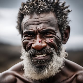 a defeated bare knuckle boxer male, old b;ack african man, head uncovered,  battle scarred, solo, looking at viewer, 1 man, monochrome, upper body, greyscale, male focus, 2 ft facial hair,2 ft beard, 12 inch mustache, old, old man, no clothing, long bushy unkempt hair, long bushy beard, wild and windswept, forlorn, a worn out worried look in his eyes and face, all focus on the eyes, short 2 inch depth of field, tamron 1000 mm telephoto lens, f2.8, cinematic angle, looking from above the eyeline down back at the man, angled, extreme close up shot,  eyes only, teeth bashed out, swollen eye, broken nose, cut eyebrows, no teeth, a towel, a singlet, bloodstained, mouth open and smiling , few teeth, 