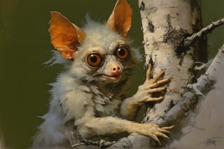 art by ralph steadman, art by brom, art by simon bisley, a masterpiece, ahighly detailed, a creature, big boggly eyes, small dark pupil, bat like ears, short fluffy skin and fur, cling to a branch with small black scaley hands, sigma 1000 mm lens, f2.8, eyes in focus, 