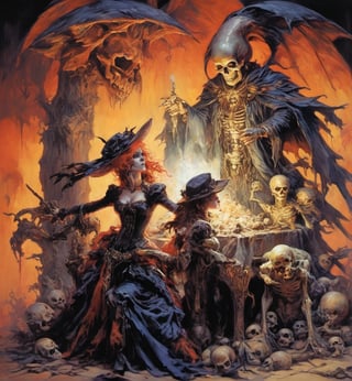 art by Masamune Shirow, art by J.C. Leyendecker, art by boris vallejo, a masterpiece, hyper-realistic oil painting, vibrant colors, Horror Comics style, art by brom, tattoo by ed hardy, a woman with half a skull face and half a human face, horror, dark chiarascuro lighting, a telephoto shot, 1000mm lens, f2,8 , , illustration,  ,perfecteyes,