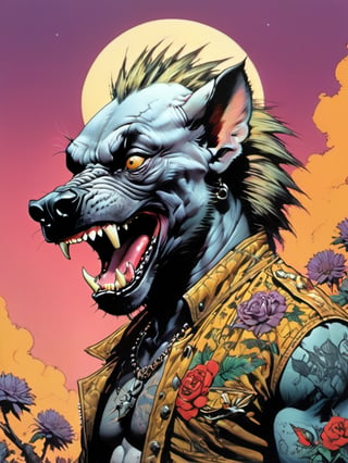 hip hyena growling, howling at the moon, Horror Comics style, art by brom, tattoo by ed hardy, shaved hair, neck tattoos andy warhol, heavily muscled, biceps,glam gore, horror, hyena , demonic, hell visions, demonic women, military poster style, chequer board, vogue bear portrait, Horror Comics style, art by brom, smiling, lennon sun glasses, punk hairdo, tattoo by ed hardy, shaved hair, neck tattoos by andy warhol, heavily muscled, biceps, glam gore, horror, poster style, flower garden,