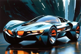 a futuristic bmw concept car, art by glen keane, wide wheels, glass roof, leds, aerodynamic,  art by john Berkey, art by chris foss, art by frank frazetta, 