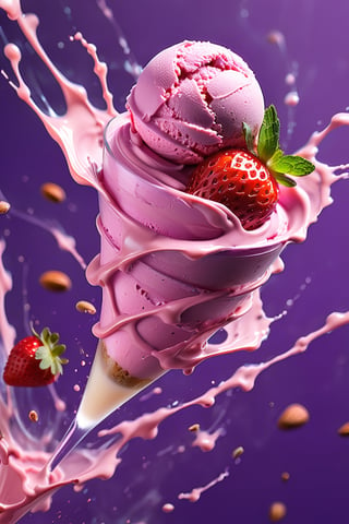 an extreme close up, macro photograph of strawberry ice cream with milk cream, in a stylish modern glass, ice cubes, nuts, mint leaves, splashing milk cream, in a gradient purple background, fluid motion, dynamic movement, cinematic lighting, Mysterious, golden ratio, fake detail, trending pixiv fanbox, acrylic palette knife, style of makoto shinkai studio ghibli genshin impact james gilleard greg rutkowski chiho aoshima,digital artwork by Beksinski,action shot