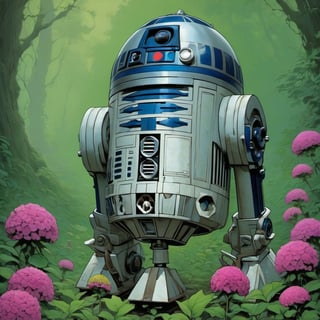 r2d2 , Horror Comics style, art by Brom, horror, poster style, flower garden, 