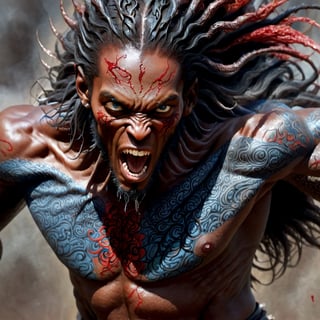 very close up of the mans face, the focus is on the eyes, a sexy black african mans arm and shoulder, man is staring screaming at the viewer, raging, long hair, the arm and shoulder are covered in a very detailed intricate red and blue dragon tattoo that is protruding outfrom the skin, coming alive, its screaming, scratching, similar to dragon tattoo by Boris Vallejo, slowly you see the small dragon tattoo in parts is coming out of the skin and becoming a real version of the tattoo, sticking out, scales, extended claws, spit, spittle, blood drops, sweat drops, rage and anger, 16K, movie still, cinematic, ,omatsuri,DonMn1ghtm4reXL,flmngprsn