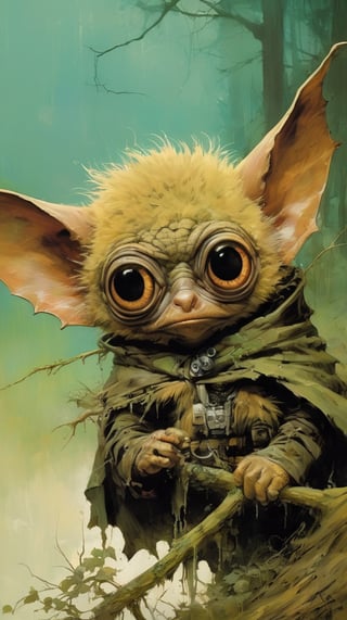 art by ralph steadman, art by brom, art by simon bisley, a masterpiece, ahighly detaikled, a star wars crearure, big boggly eyes, small dark pupil, bat like ears, short fluffy skin and fur, cling to a branch with small black scaley hands, sigma 1000 mm lens, f2.8, eyes in focus, 