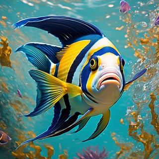 a tropical angel fish, very colourful, underwater, seaweed, aqua water, Colourful cat ,