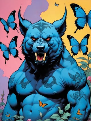 Blue bear growling, howling at the moon, Horror Comics style, art by brom, tattoo by ed hardy, shaved hair, neck tattoos andy warhol, heavily muscled, biceps,glam gore, horror, blue bear, demonic, hell visions, demonic women, military poster style, chequer board, vogue bear portrait, Horror Comics style, art by brom, smiling, lennon sun glasses, punk hairdo, tattoo by ed hardy, shaved hair, neck tattoos by andy warhol, heavily muscled, biceps, glam gore, horror, poster style, flower garden, Easter eggs, coloured foil, oversized monarch butterflies, tropical fish, flower garden,