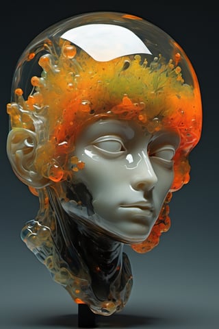 art by yashitomo nara, a transparent resin cube shaped head, stunning beauty, hyper-realistic oil painting, vibrant colors, dark chiarascuro lighting, a telephoto shot, 1000mm lens, f2,8,Vogue,more detail XL