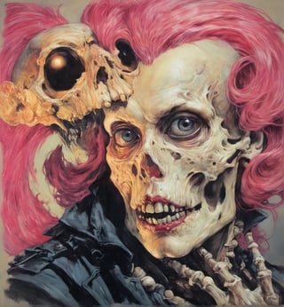 art by Masamune Shirow, art by J.C. Leyendecker, art by boris vallejo, a masterpiece, hyper-realistic oil painting, vibrant colors, Horror Comics style, art by brom, tattoo by ed hardy, a woman with half a skull face and half a human face, horror, dark chiarascuro lighting, a telephoto shot, 1000mm lens, f2,8 , , illustration,  ,perfecteyes,