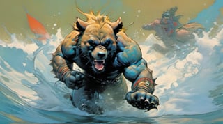 bear running at viewer, in water, Horror Comics style, art by brom, tattoo by ed hardy, shaved hair, neck tattoos andy warhol, heavily muscled, biceps,glam gore, horror, blue bear, demonic, hell visions, demonic women, military poster style, chequer board, vogue bear portrait, Horror Comics style, art by brom, smiling, lennon sun glasses, punk hairdo, tattoo by ed hardy, shaved hair, neck tattoos by andy warhol, heavily muscled, biceps, glam gore, horror, poster style, ,action shot