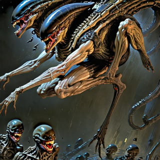 art by Masamune Shirow, art by J.C. Leyendecker, a masterpiece, stunning beauty, hyper-realistic oil painting, vibrant colors, a xenomorph, dark chiarascuro lighting, dripping blood and sweat, messed up, battling human troopers, a telephoto shot, 1000mm lens, f2,8, ,horror,dark theme,Vogue