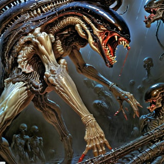 art by Masamune Shirow, art by J.C. Leyendecker, a masterpiece, stunning beauty, hyper-realistic oil painting, vibrant colors, a xenomorph, dark chiarascuro lighting, dripping blood and sweat, messed up, battling human troopers, a telephoto shot, 1000mm lens, f2,8, ,horror,dark theme,Vogue
