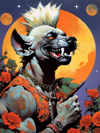 hip hyena growling, howling at the moon, Horror Comics style, art by brom, tattoo by ed hardy, shaved hair, neck tattoos andy warhol, heavily muscled, biceps,glam gore, horror, hyena , demonic, hell visions, demonic women, military poster style, chequer board, vogue bear portrait, Horror Comics style, art by brom, smiling, lennon sun glasses, punk hairdo, tattoo by ed hardy, shaved hair, neck tattoos by andy warhol, heavily muscled, biceps, glam gore, horror, poster style, flower garden,