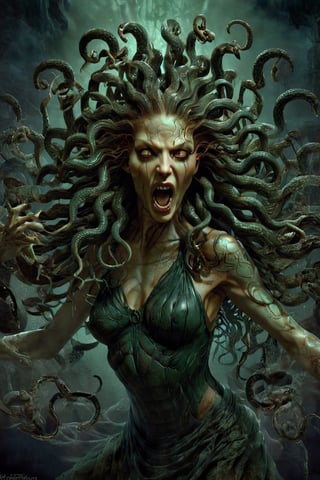 Create a captivating and realistic digital artwork of Medusa, the mythological Gorgon, with her iconic snake hair. Craft a scene that portrays her in all her terrifying beauty, and bring out the intricate details of her serpentine locks. show the terror of snakes as hair by using your artistic talent to capture the essence of this mythical character, making her come to life on the canvas. Let your imagination and creativity run wild in depicting Medusa and her mesmerizing, venomous hair in a way that evokes both fear and fascination,