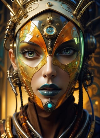 art by Masamune Shirow, art by J.C. Leyendecker, a masterpiece, stunning beauty, perfect face, full-body, hyper-realistic oil painting, vibrant colors, Body horror, steampunk spacesuit, close up on face (((translucent visor))), in the style of futuristic space glamour, Steam punk, tribal adornments, perfect makeup, blue artistic background,art by sargent,Oil painting of Mona Lisa ,Leaf,Leonardo Style,fr4z3tt4 , ,futuristic alien,Low-key lighting Style,DonMG414XL