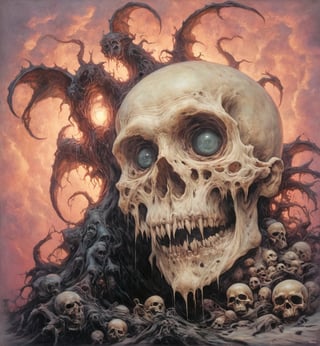 art by Masamune Shirow, art by J.C. Leyendecker, art by boris vallejo, a masterpiece, hyper-realistic oil painting, vibrant colors, Horror Comics style, art by brom, tattoo by ed hardy, a woman with half a skull face and half a human face, horror, dark chiarascuro lighting, a telephoto shot, 1000mm lens, f2,8 , , illustration,  ,perfecteyes,