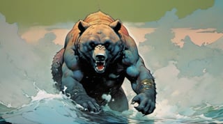 bear running at viewer, in water, Horror Comics style, art by brom, tattoo by ed hardy, shaved hair, neck tattoos andy warhol, heavily muscled, biceps,glam gore, horror, blue bear, demonic, hell visions, demonic women, military poster style, chequer board, vogue bear portrait, Horror Comics style, art by brom, smiling, lennon sun glasses, punk hairdo, tattoo by ed hardy, shaved hair, neck tattoos by andy warhol, heavily muscled, biceps, glam gore, horror, poster style, 