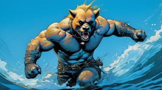 bear running at viewer, in water, Horror Comics style, art by brom, tattoo by ed hardy, shaved hair, neck tattoos andy warhol, heavily muscled, biceps,glam gore, horror, blue bear, demonic, hell visions, demonic women, military poster style, chequer board, vogue bear portrait, Horror Comics style, art by brom, smiling, lennon sun glasses, punk hairdo, tattoo by ed hardy, shaved hair, neck tattoos by andy warhol, heavily muscled, biceps, glam gore, horror, poster style, ,action shot