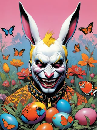 white rabbit with many baby rabbits, Easter theme, art by brom, tattoo by ed hardy, shaved hair, neck tattoos andy warhol, heavily muscled, biceps,glam gore, horror, white rabbit, rabbit hole,  demonic, hell visions, demonic women, military poster style, chequer board, vogue easter bunny portrait, Horror Comics style, art by brom, smiling, tongue out, poking tongue at viewer, lennon sunglasses, rabbit ears, rabbit nose, rabbit fur, punk hairdo, tattoo by ed hardy, shaved hair, playboy bunny outfit, bunny tail, neck tattoos by andy warhol, heavily muscled, biceps, glam gore, horror, poster style, flower garden, Easter eggs, coloured foil, oversized monarch butterflies, tropical fish, flower garden,