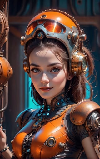a rusty and silver spotted steampunk spacesuit, women looking directly out to viewer, wry smile on her face, neon face with multiple coloured circuits on it, full face visor translucent orange colour, in the style of futuristic space, glamour,Steam punk steam punk animated gifs, xenomorph lookalike adornments, gun in hand, algorithmic artistry, frank frazetta style, perfect makeup, boris vallejo, pop art consumer culture, plain neon steampunk background