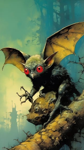 art by ralph steadman, art by brom, art by simon bisley, a masterpiece, ahighly detaikled, a star wars crearure, big boggly eyes, small dark pupil, bat like ears, short fluffy skin and fur, cling to a branch with small black scaley hands, sigma 1000 mm lens, f2.8, eyes in focus, 