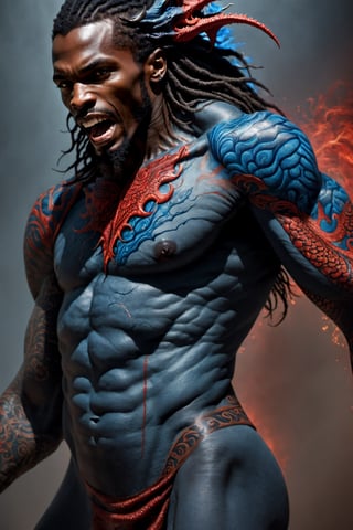 An sexy black african mans arm and shoulder, telephoto lens shot, man is staring at the viewer, raging, long hair, the arm and shoulder are  covered in a very detailed intricate red and blue dragon tattoo that is protruding outfrom the skin, coming alive, its screaming, scratching, similar to dragon tattoo by Boris Vallejo, slowly you see the small dragon tattoo in parts is coming out of the skin and becoming a real version of the tattoo, sticking out, scales, extended claws, 16K, movie still, cinematic, 