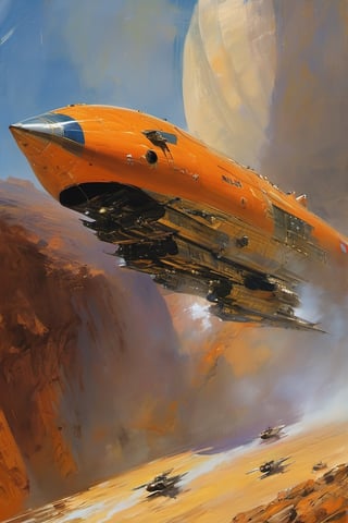 spaceship travelling past a planet, in space, art by john Berkey, Orange, vibrant, gleaming trade starship, elegant lines and polished chrome, vintage sci-fi, reminiscent of works by Ralph McQuarrie, art by john Berkey, art by chris foss, Cosmos brimming with colorful nebulae, distant stars, intricate details, reflections, volumetric lighting, digital painting., trending on artstation, 