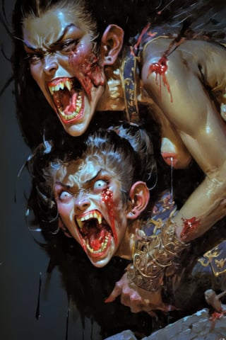 art by Masamune Shirow, art by J.C. Leyendecker, a masterpiece, stunning beauty, hyper-realistic oil painting, vibrant colors, a vampire , dark chiarascuro lighting, dripping blood and sweat, messed up, battling humans, a telephoto shot, 1000mm lens, f2,8, ,horror,Vogue,Asian folklore 