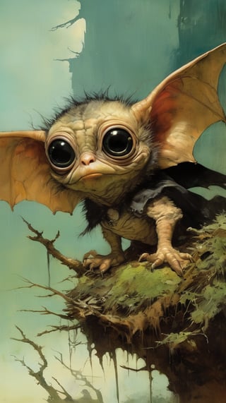 art by ralph steadman, art by brom, art by simon bisley, a masterpiece, ahighly detaikled, a star wars crearure, big boggly eyes, small dark pupil, bat like ears, short fluffy skin and fur, cling to a branch with small black scaley hands, sigma 1000 mm lens, f2.8, eyes in focus, 