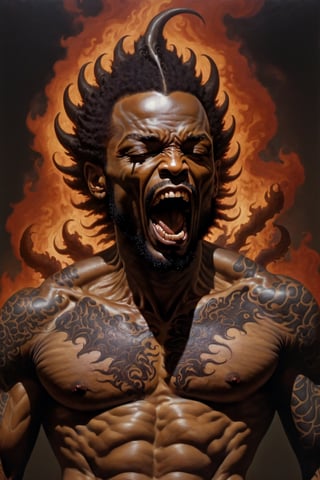 An sexy black african mans arm and shoulder, mid shot, man is bellowing , raging and staring at the viewer, the arm and shoulder is covered in a detailed intricate dark purple and crimson dragon tattoo on his chest and back that is protruding out, out in to reality, its screaming, scratching, smoking, similar to dragon tattoo by Boris Vallejo, frank frazetta style, slowly you see the small dragon tattoo in parts is coming out of the skin and becoming a real version of the tattoo, sticking out, scales, extended claws, 16K, cinematic movie still, like the movie the 300,