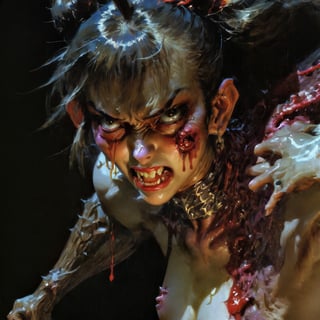 art by Masamune Shirow, art by J.C. Leyendecker, a masterpiece, stunning beauty, hyper-realistic oil painting, vibrant colors, a vampire , dark chiarascuro lighting, dripping blood and sweat, messed up, battling humans, a telephoto shot, 1000mm lens, f2,8, ,horror,Vogue,Asian folklore 