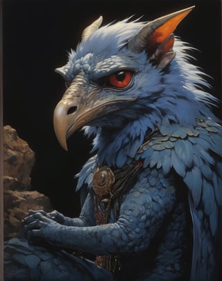 art by Masamune Shirow, art by J.C. Leyendecker, art by boris vallejo, art by simon bisley, a masterpiece, stunning beauty, hyper-realistic oil painting, a creature from the dark crystal movie, a jim henson puppet come alive, , big boggly eyes, small dark pupil, pointy ears, short fluffy skin in tufts, sinewy veiny skin,  just waking up, annoyed, small creepy hands, sigma 1000 mm lens, f2.8, eyes in focus,