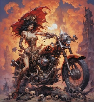 art by Masamune Shirow, art by J.C. Leyendecker, art by boris vallejo, a masterpiece, hyper-realistic oil painting, vibrant colors, Horror Comics style, art by brom, tattoo by ed hardy, a woman with half a skull face and half a human face, horror, dark chiarascuro lighting, a telephoto shot, 1000mm lens, f2,8 , , illustration,  ,perfecteyes,