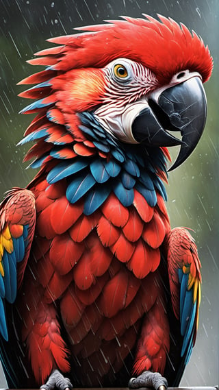 a large red macaw, an up close portrait shot, sitting outside in the rain, having a shower, ((( art by raymond ching ))) ,more detail XL,artint,Leonardo Style,art by sargent,action shot