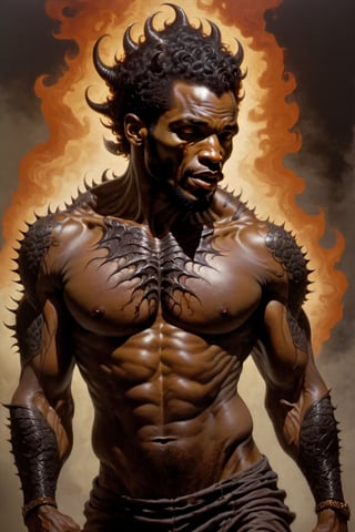 An sexy black african mans arm and shoulder, mid shot, man is bellowing , raging and staring at the viewer, the arm and shoulder is covered in a detailed intricate dark purple and crimson dragon tattoo on his chest and back that is protruding out, out in to reality, its screaming, scratching, smoking, similar to dragon tattoo by Boris Vallejo, frank frazetta style, slowly you see the small dragon tattoo in parts is coming out of the skin and becoming a real version of the tattoo, sticking out, scales, extended claws, 16K, cinematic movie still, like the movie the 300,