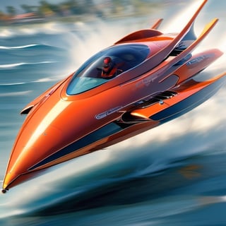 a futuristic concept speedboat , racing other speedboats, racing colours, racing numbers, rocket thrusters, outriggers, glass roofs, aerodynamic, struggling to win the race, art by glen keane, art by john Berkey, art by chris foss,  