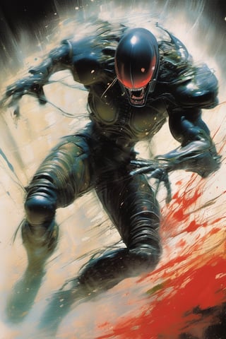 art by glen keane, art by Simon bisley, painting, acrylic block style, vibrant colors, a xenomorph, dark chiarascuro lighting, dripping blood and sweat, messed up, battling human troopers,action shot